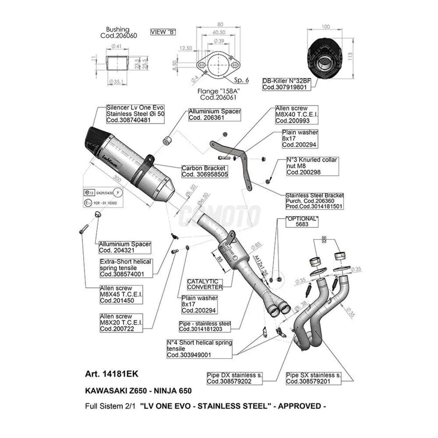 SBK LV ONE EVO 2/1 KAWASAKI Z 650/NINJA 650 INOX with catalyst FULL SYSTEM 2/1